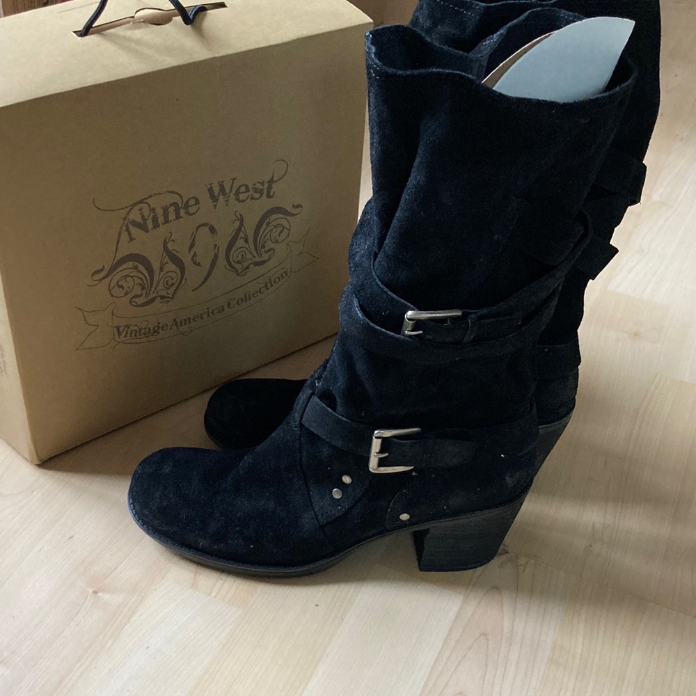 Nine West Black Suede  Heeled Boots with Buckle Detail Sz 10 - Picture 2 of 9